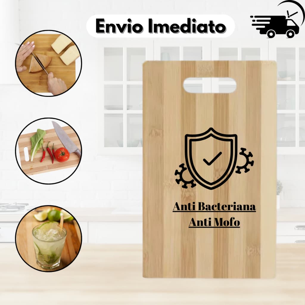 Tabua Pequena 24x16 cm para Corte Anti bacteriana Carnes Pão e Queijos em Madeira de Bambu Servir