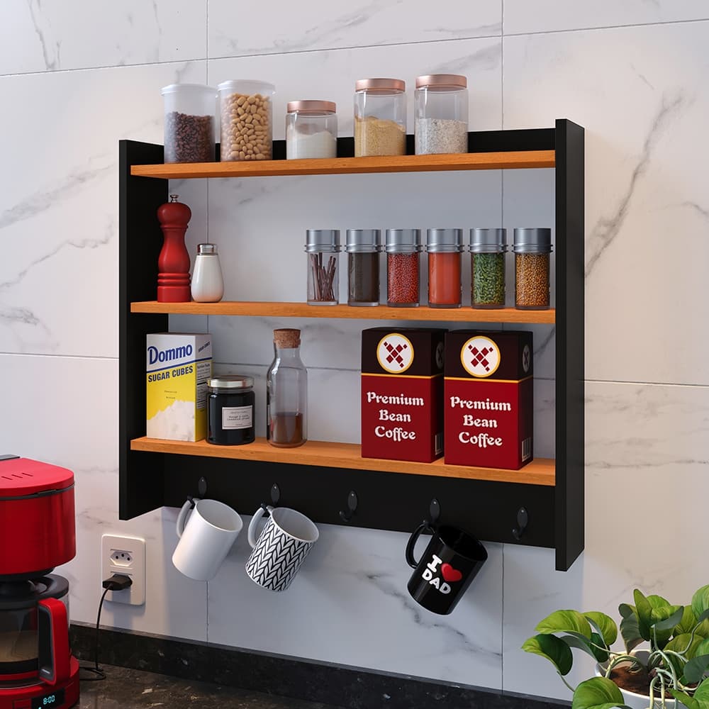Armário de Parede Preto Amélia para Cantinho do Café com Suporte para Xícaras | Nicho Organizador Moderno