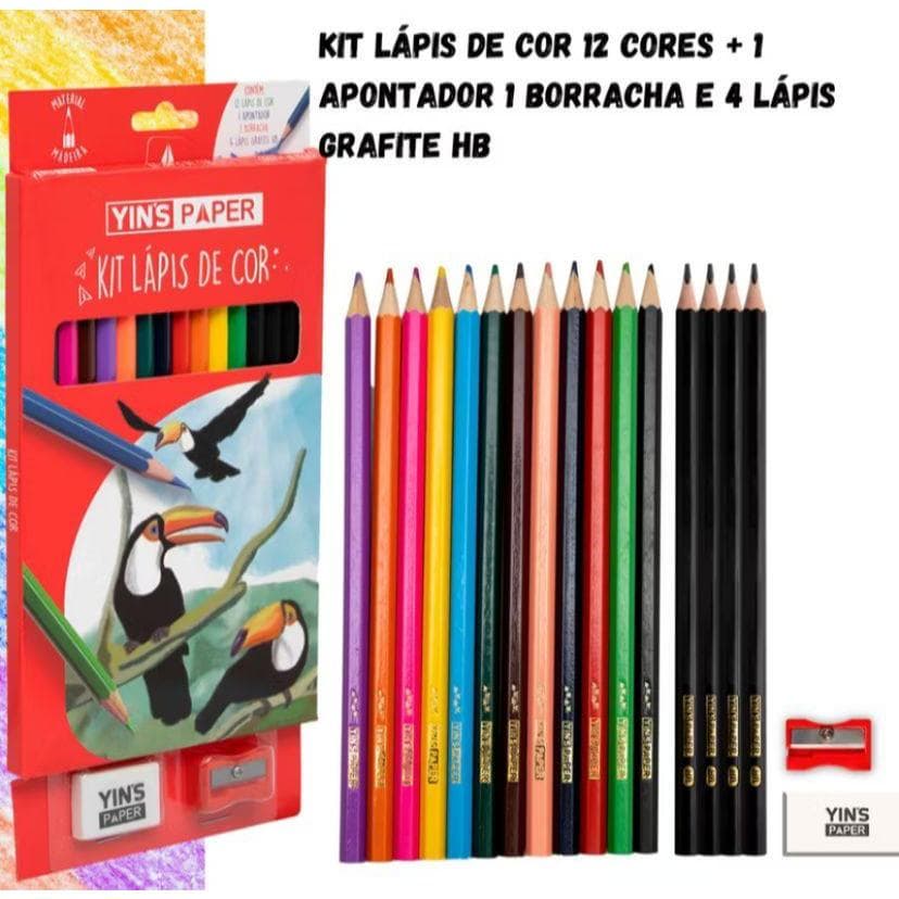 Kit com 12 lápis de cor + 1 apontador + 1 borracha + 4 Lápis grafite HB volta as aulas