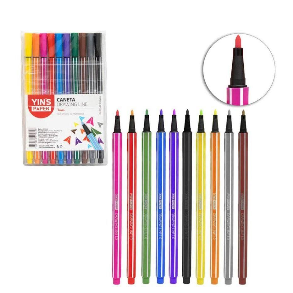 kit 10 canetas hidrograficas Drawinfg line 1.0mm ponta fina