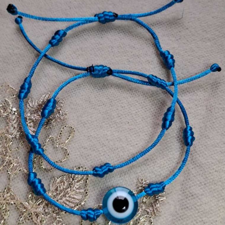 Pulseira 7 Nós Azul Kabbalah Olho Grego Proteção e Sorte - Unitário / Kit 2