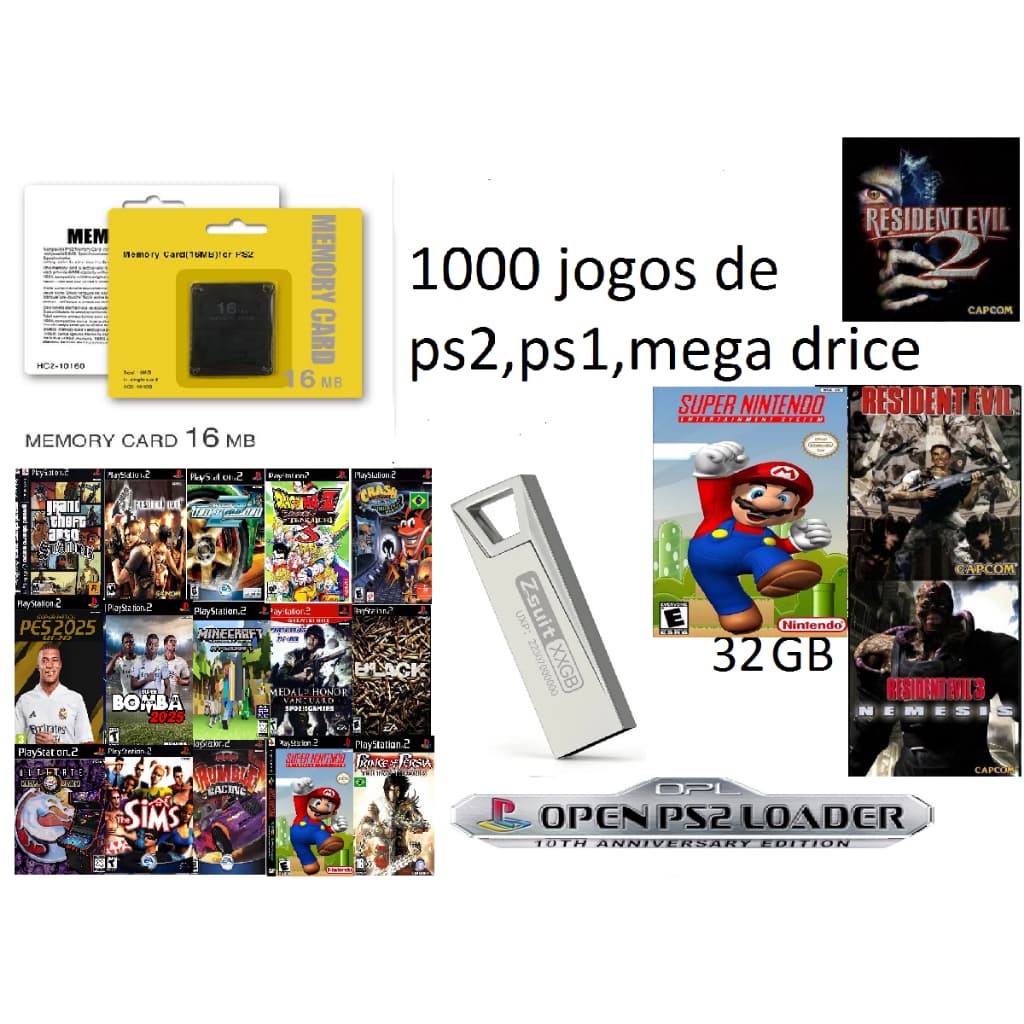 Memory Card 16mb Ps2 + Pen Drive 32gb com 1000 Jogos Ps2/Ps1/Super N.