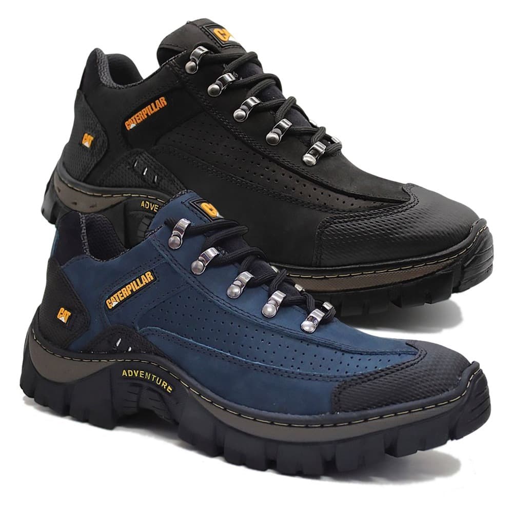 Kit 2 Pares de Tenis Bota CAT Masculina de Trilha Adventure com Couro Premium Confortável e Solado Costurado Resistente