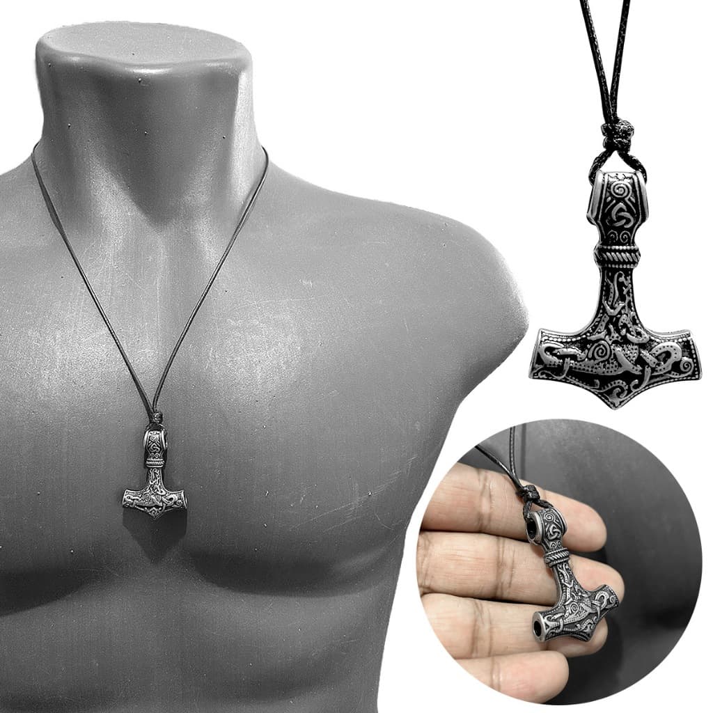 Colar Fio de Couro Pingente Martelo Vintage Viking Nórdico Wolf Thor Odin Céltico Mjölnir Aço