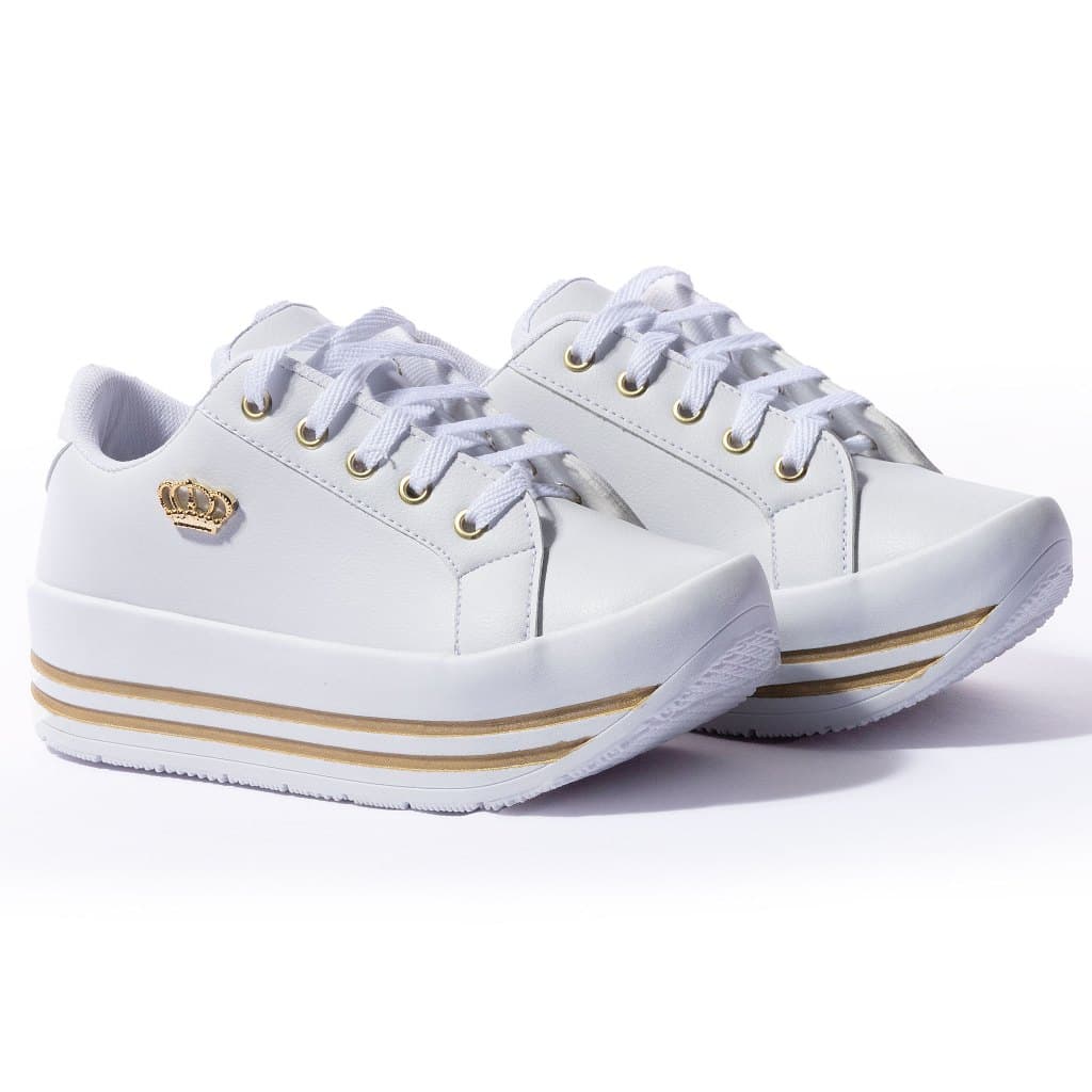 Tênis Feminino Plataforma Alta Branco Tenis Preto Confortável Esporte Fino