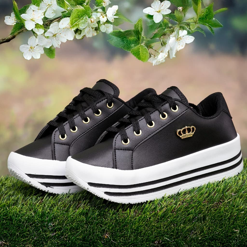 Tenis Feminino Plataforma Preto Branco Casual Sola Alta Macio Confortável