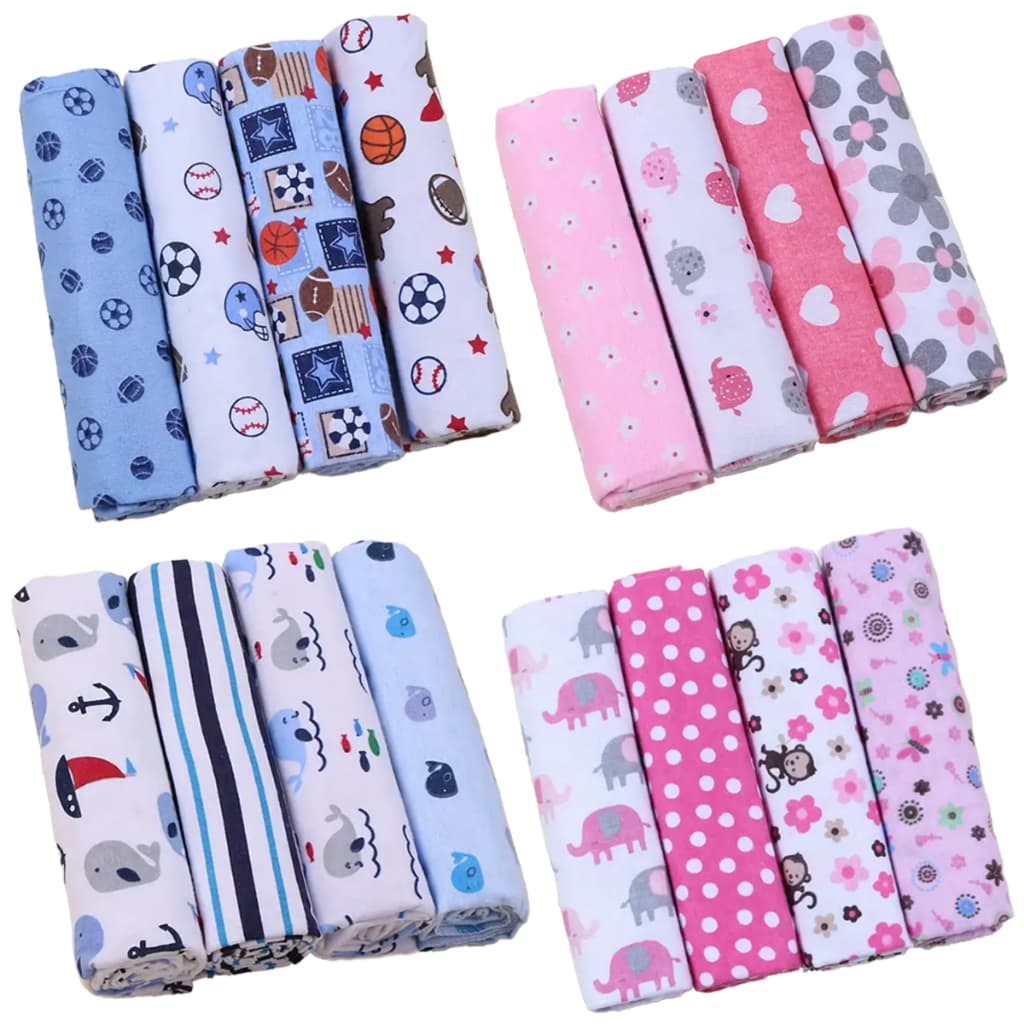 Kit 4 Mantas Cueiro para Bebê e Récem-Nascido Flanelado Grande 80cm x 80cm 100% algodão Estampado Super Macio Overloque