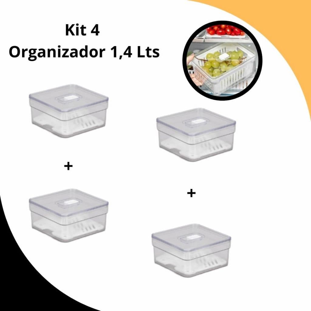 Kit 4/ Kit 2/ Kit 1 - Organizadores De Geladeira 1,4 Litros Com Tela - Plastutti
