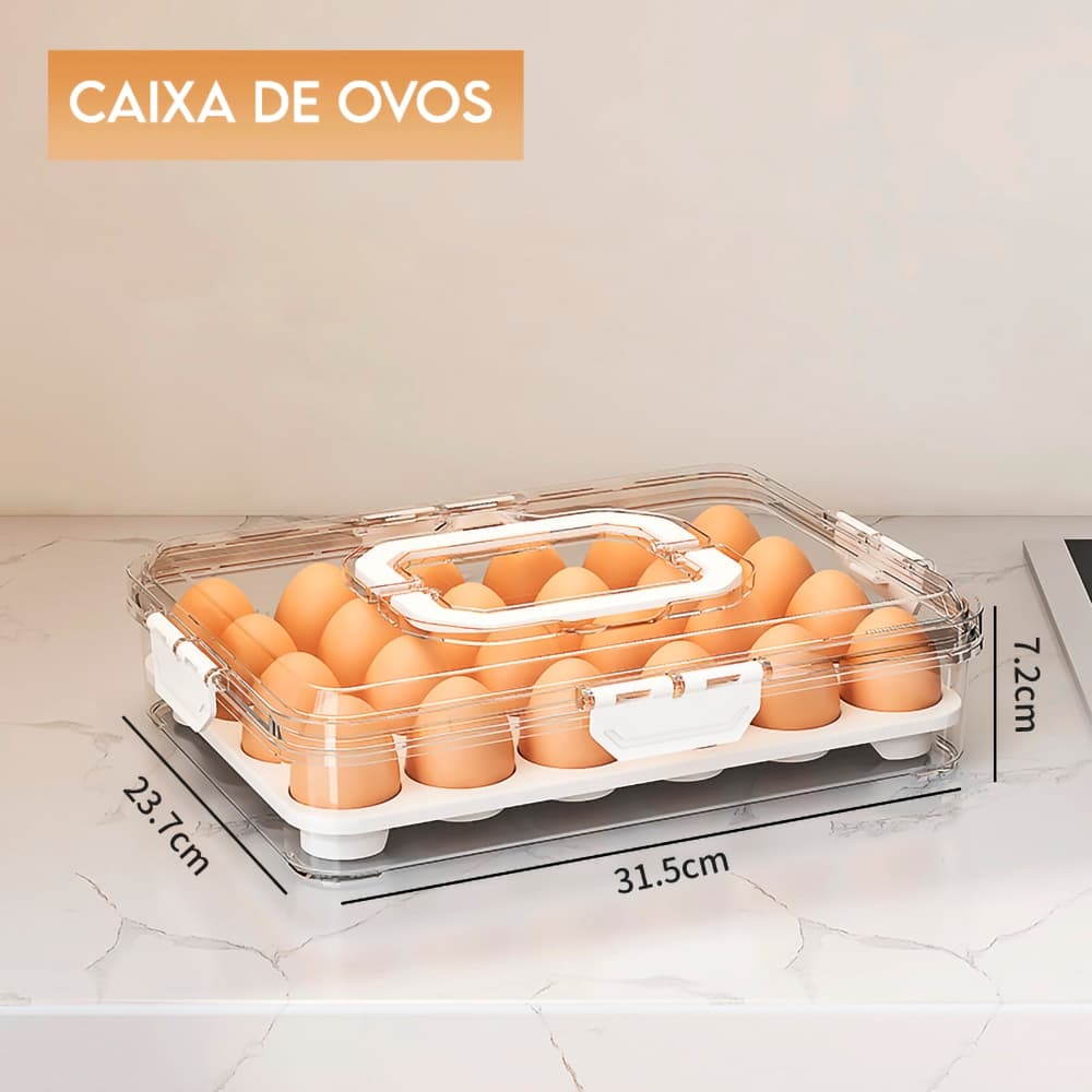 Bandeja Organizadora Porta Ovos Até 24 un Com Tampa Empilhável Geladeira Cozinha