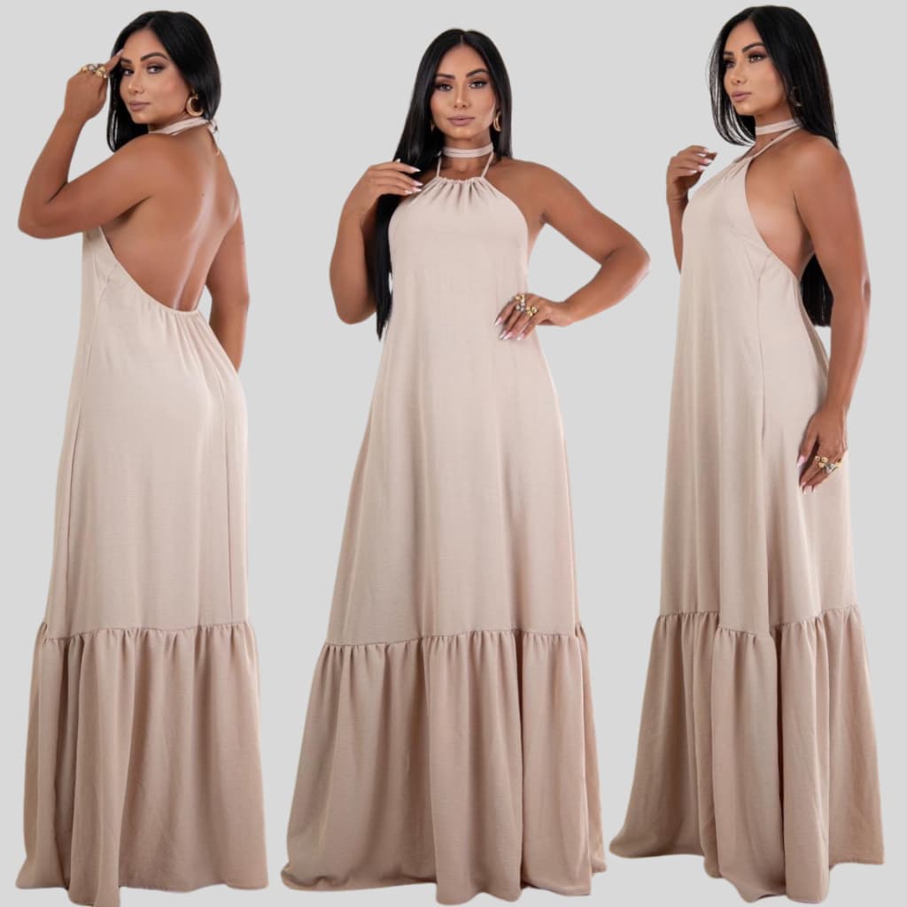 Vestido Feminino Liso Longo Frente Única Amarração Nas Costas No Tecido Duna Não Possui Bojo