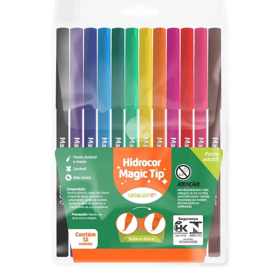 Caneta Hidrocor 12 cores 15cm 1 pacote Magic Tip Leo & Leo