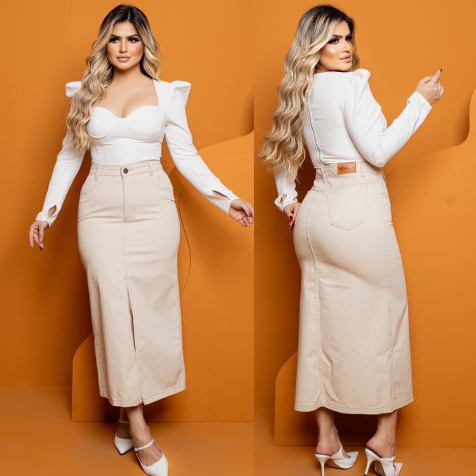 Saia Longa Jeans Moda Evangélica Midi cristã Cintura Alta