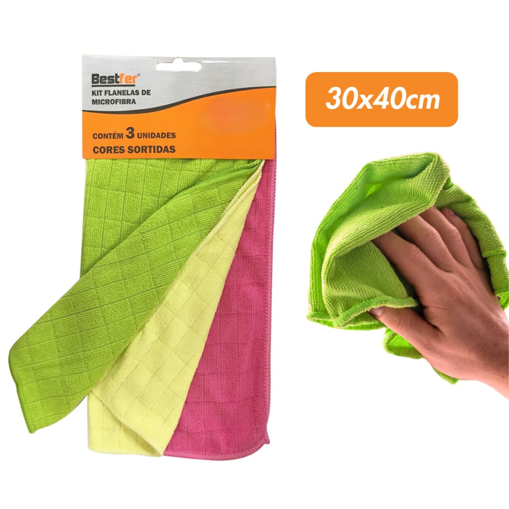 Kit 3 Panos de microfibra 30x40cm Multiuso Toalha Mágica Carro Reutilizável Flanela Limpa Vidro