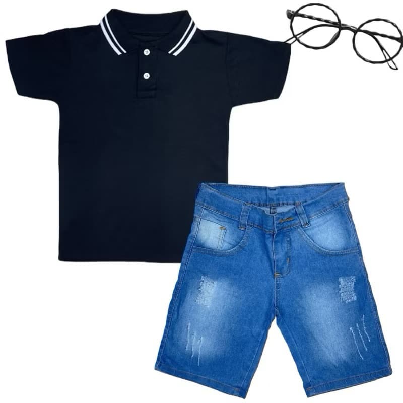 Conjunto Menino Infantil Camisa Polo Básica Com Short Jeans 05 S.M