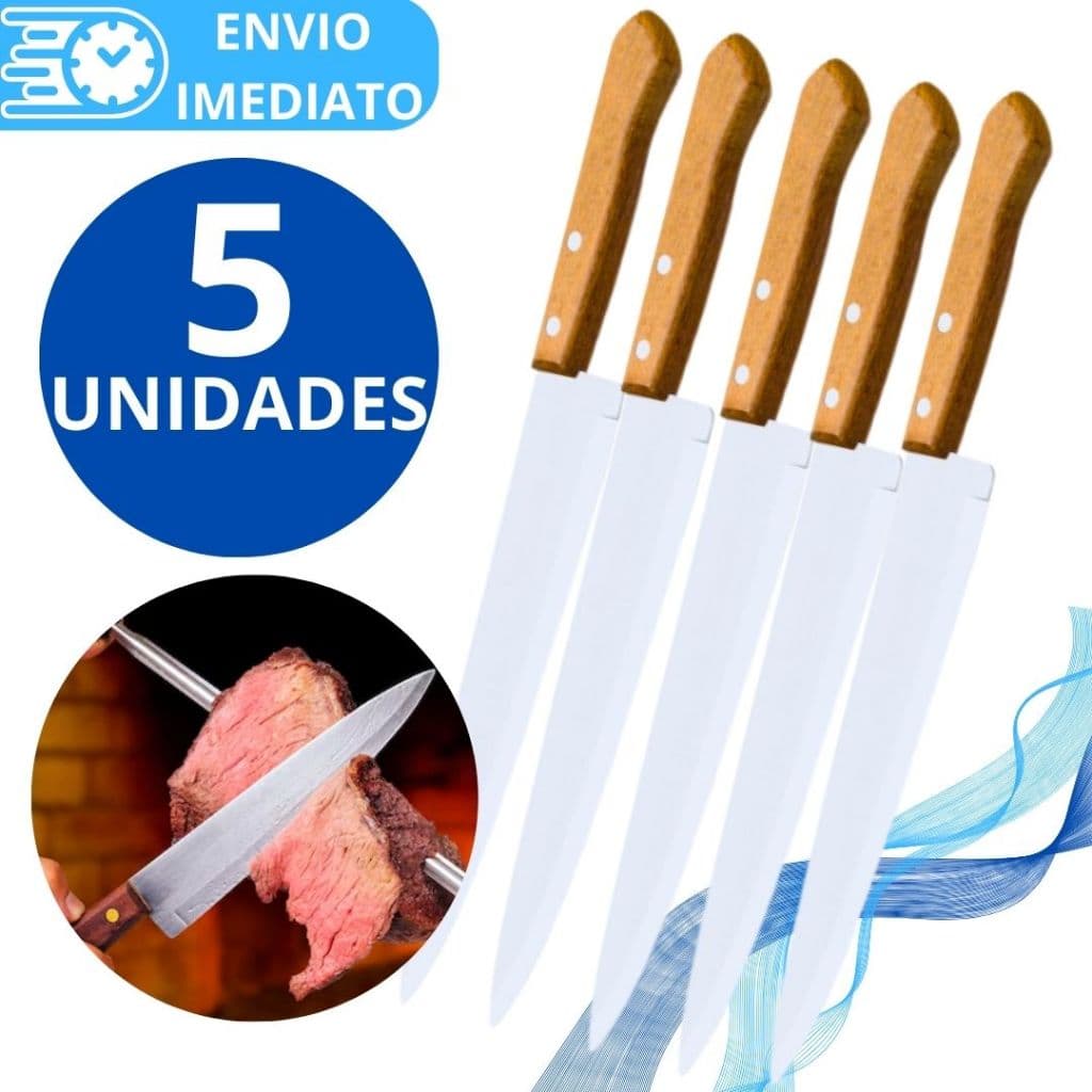 KIT 5 Faca De Cozinha Aço Inox Profissional Tamanho 5 Do Chef Cabo Madeira para Casa Restaurante Açougue Churrasco