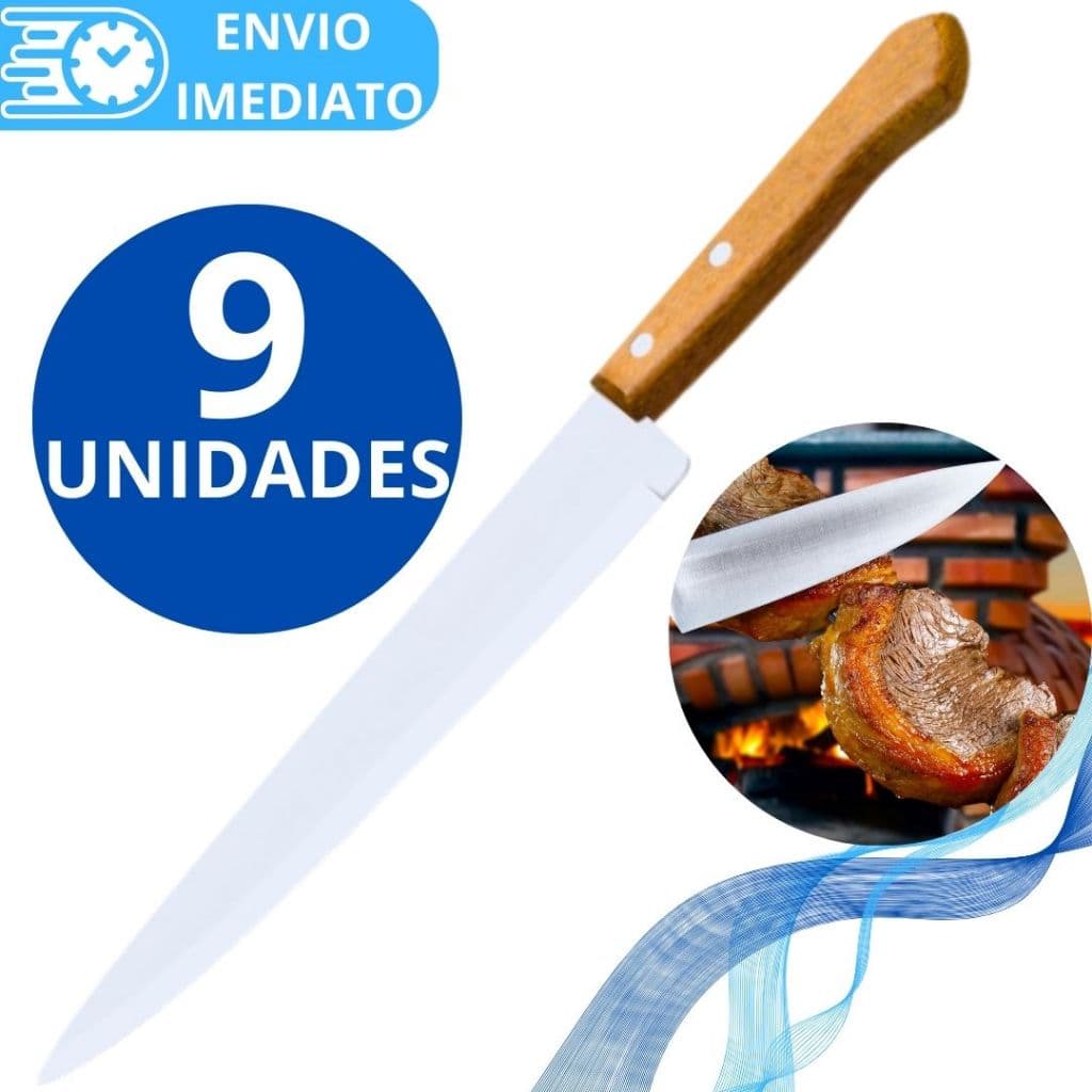 KIT 9 Faca De Cozinha Aço Inox Profissional Tamanho 5 Do Chef Cabo Madeira para Casa Restaurante Açougue Churrasco