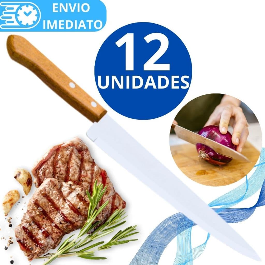 KIT 12 Faca De Cozinha Inox Profissional Tamanho 5 Do Chef Cabo Madeira para Casa Restaurante Açougue Churrasco