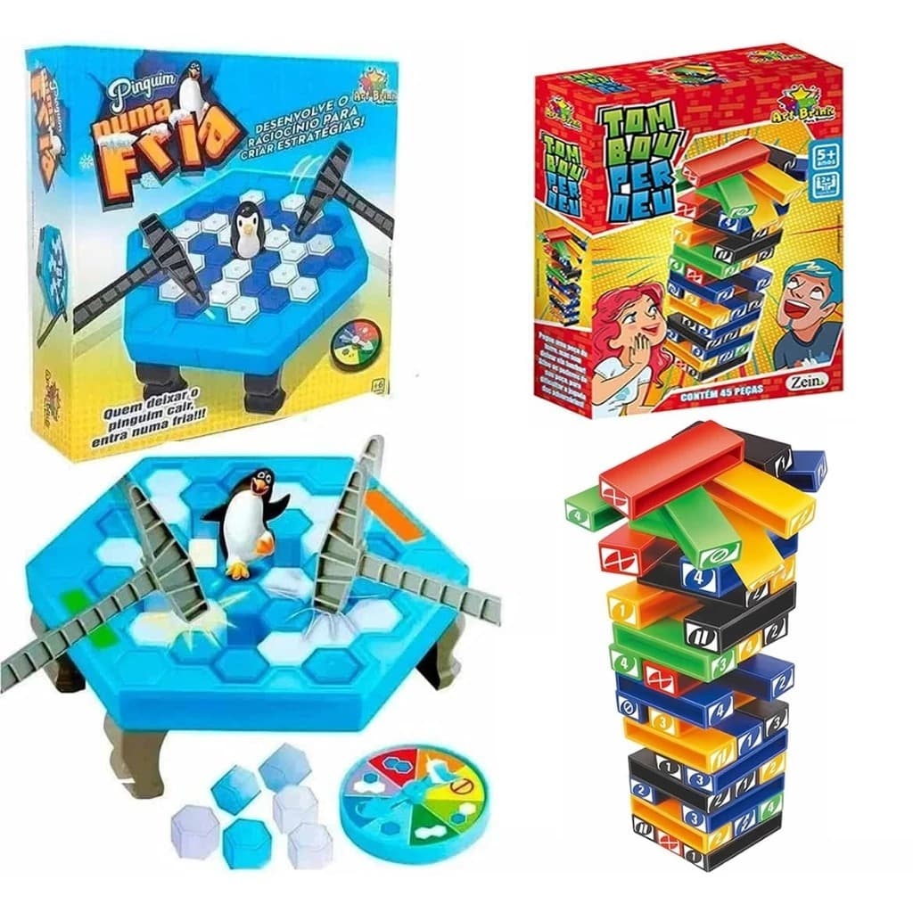 Combo com 2 Super Jogos Interativos Pinguim Quebra Gelo+Tombou Perdeu Presente Criança