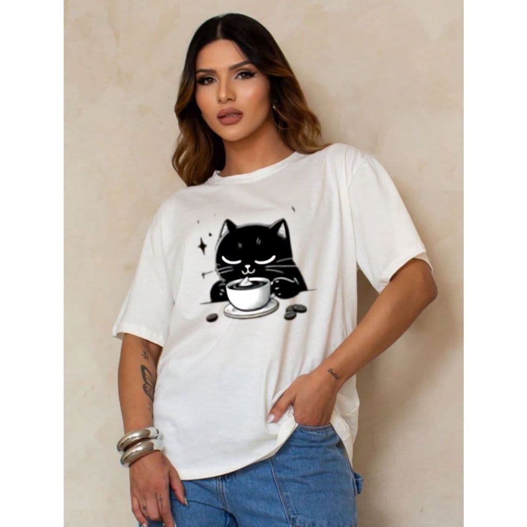 Camisa Unissex Básica Estampa De Gatinho T-Shirt 100% Algodão Gola Redonda Manga Curta Casual