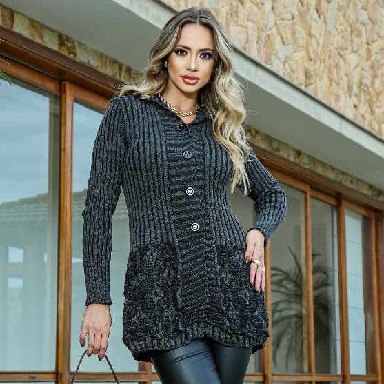 Blusa de Frio Feminina, Casaco De Tricot Com Gola de Pelúcia, Kimono em Tricot