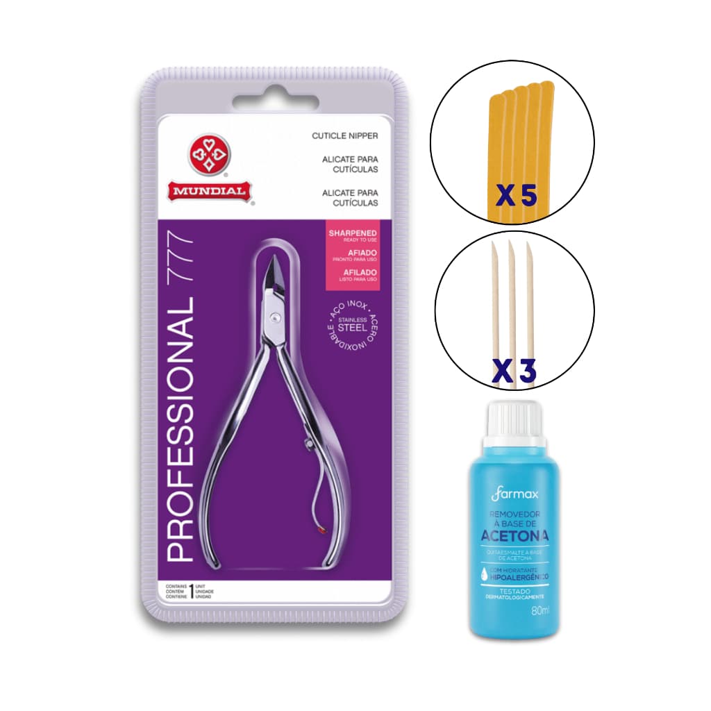 Mundial Kit Alicate 777 + Acetona 80ml + 3 Palitos e 5 Lixas – Unhas Perfeitas em Casa e Salão