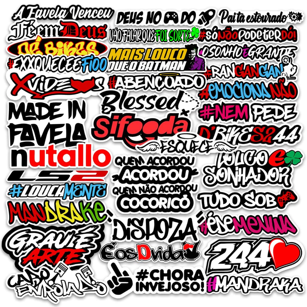 Kit com 50 Adesivos de Frases Girias Movimento Variadas para Carro, Moto, Caderno, Notebook, Caderno