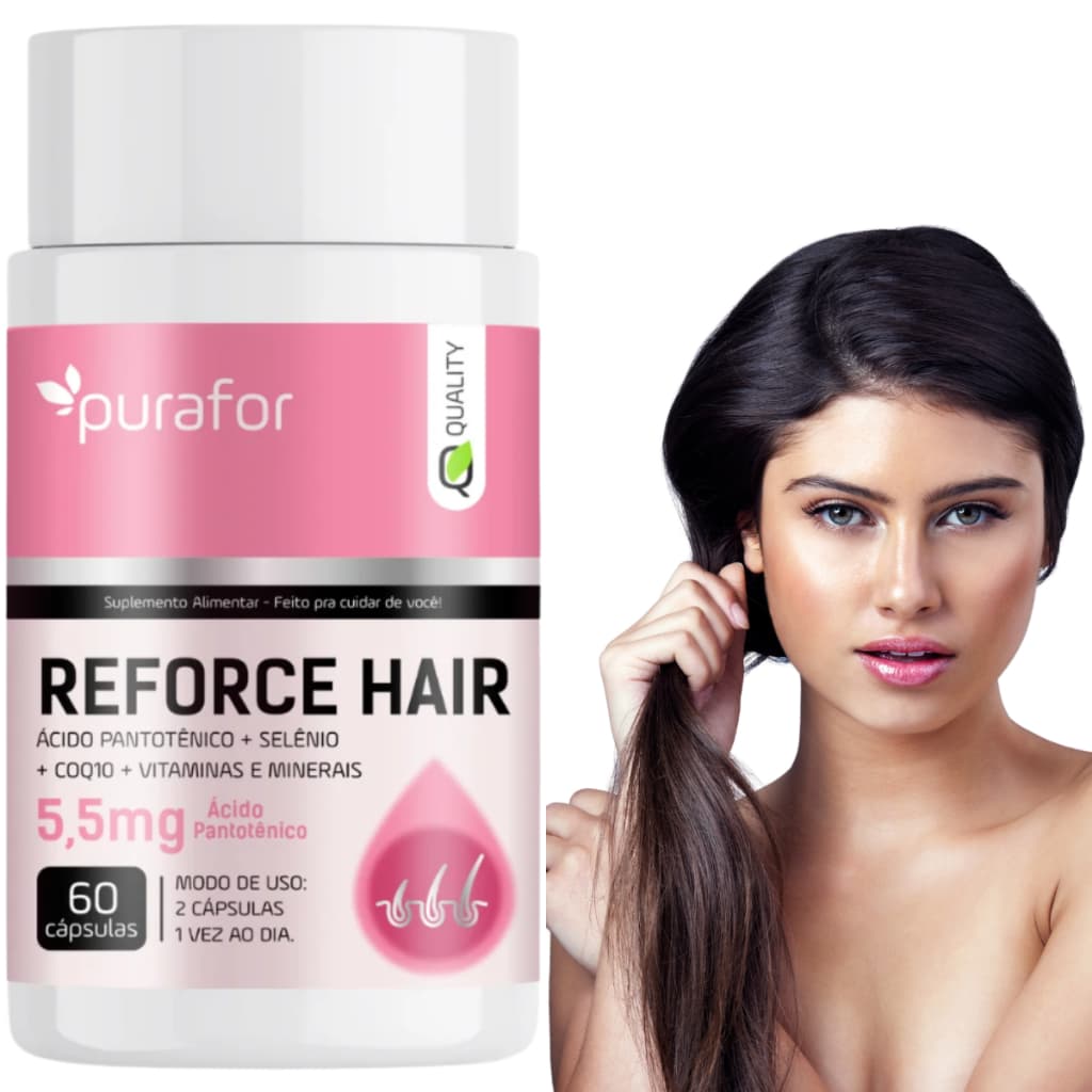 Reforce Hair Suplemento - Coenzima Q10 + Ácido Pantotênico + Selênio - Cabelos Unhas  Pele - 60 Caps