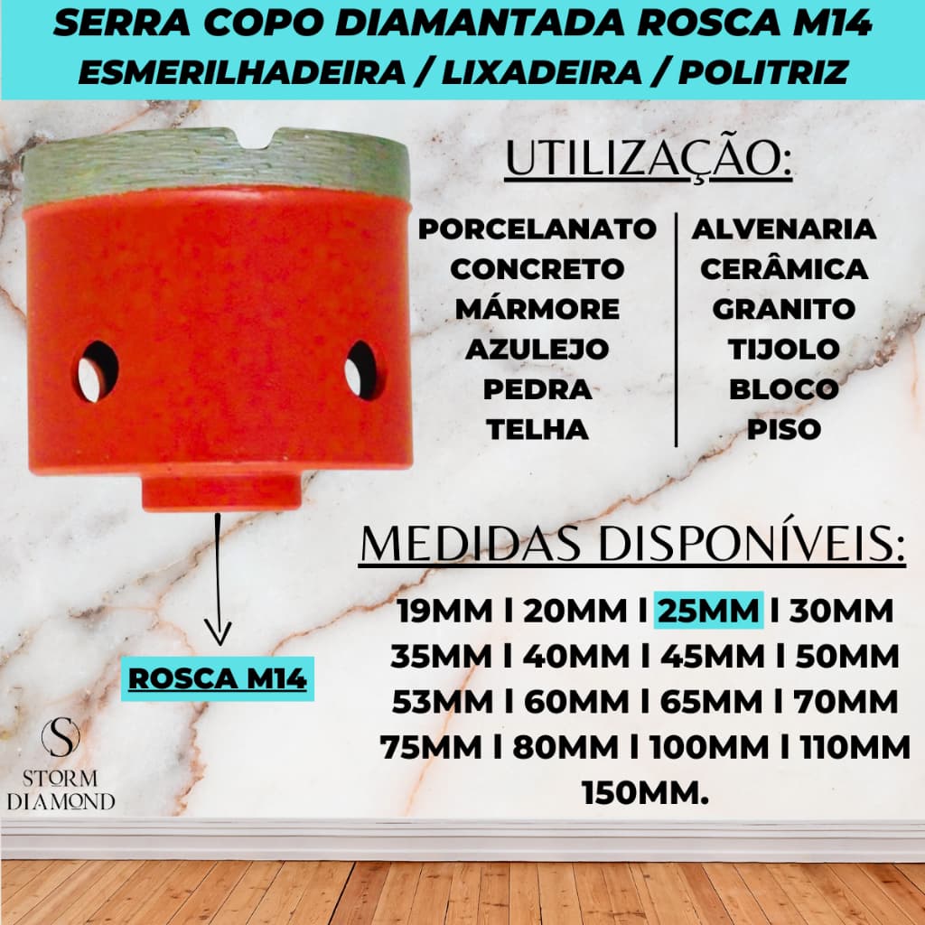 Serra Copo Broca Diamantada 25mm Com Rosca M14 Esmerilhadeira Furar Mármore Granito Porcelanato Piso