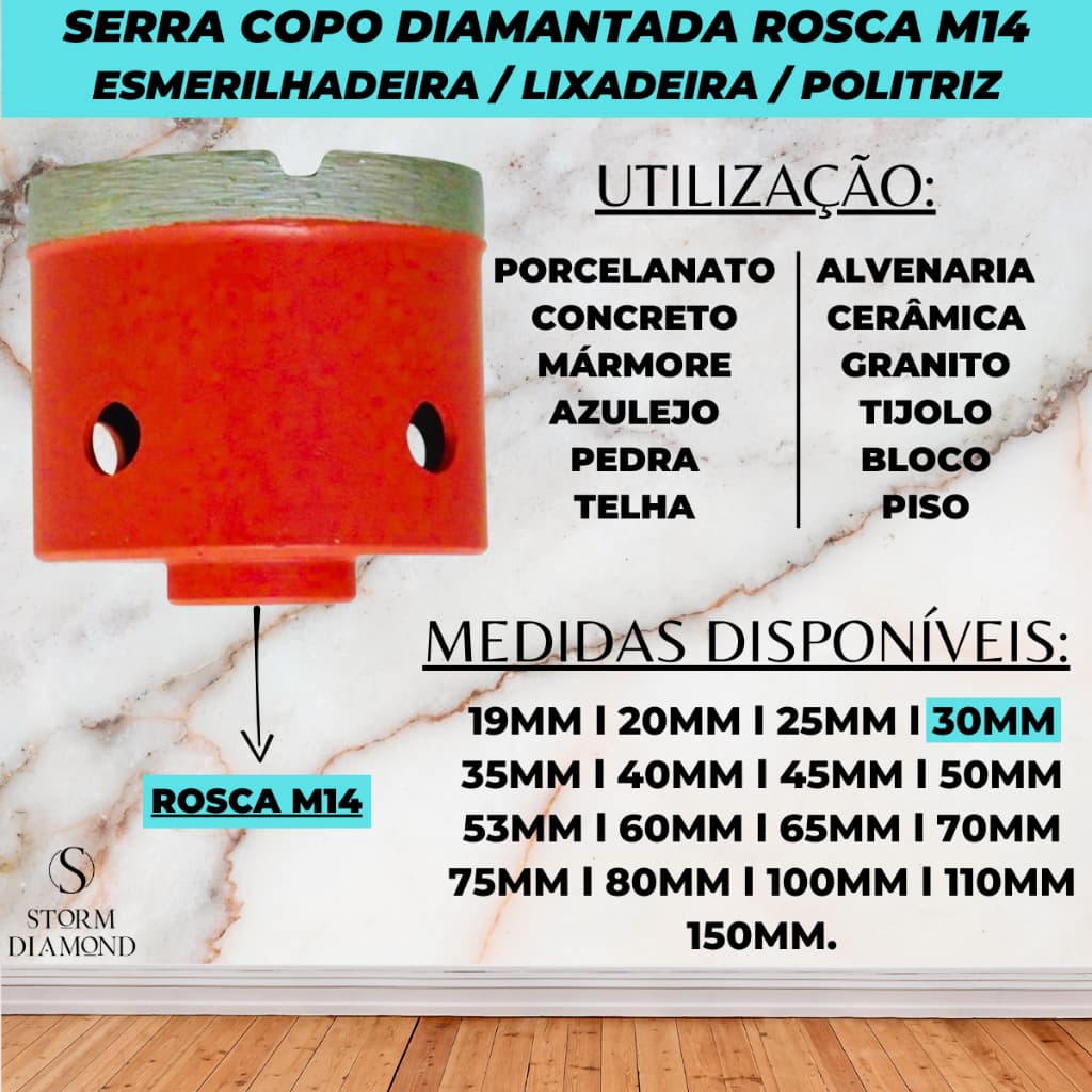 Broca Serra Copo Diamantada 30mm Com Rosca M14 Esmerilhadeira Furar Concreto Alvenaria Mármore Pisos