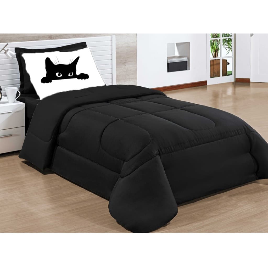 Kit Cobre Leito Edredom Gato Curioso Solteiro Dupla Face 2pçs