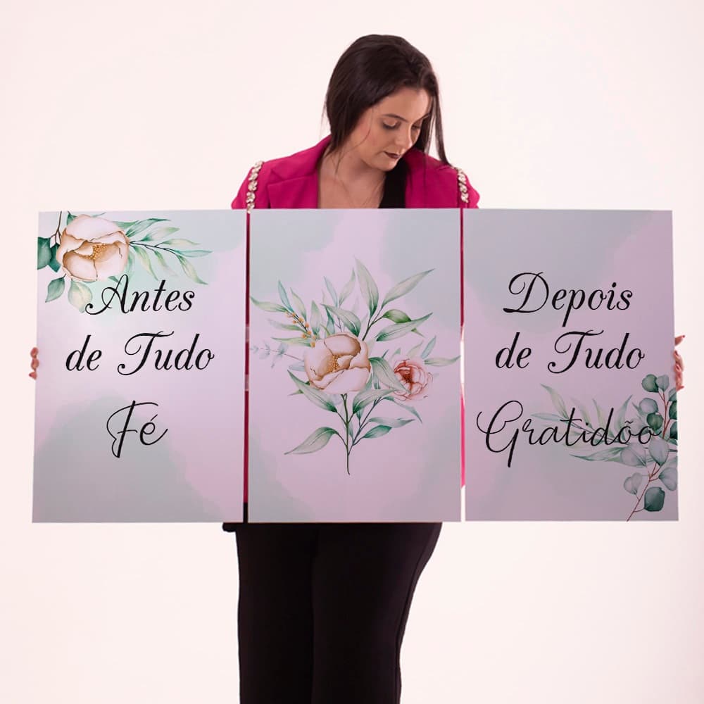 Kit 3 Quadros Grande 96x50 Antes De Tudo Fé Gratidão Floral Verde Cozinha Quarto Sala