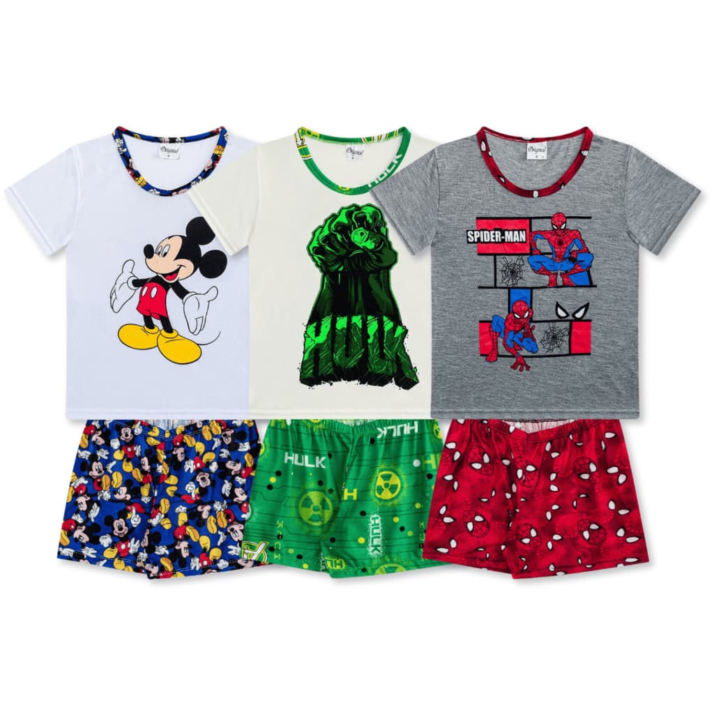 Kit Sortido 3 Pijamas Estampados 3 Camisetas + 3 Bermudas Masculino/Menino Infantil Verão 3 ao 16