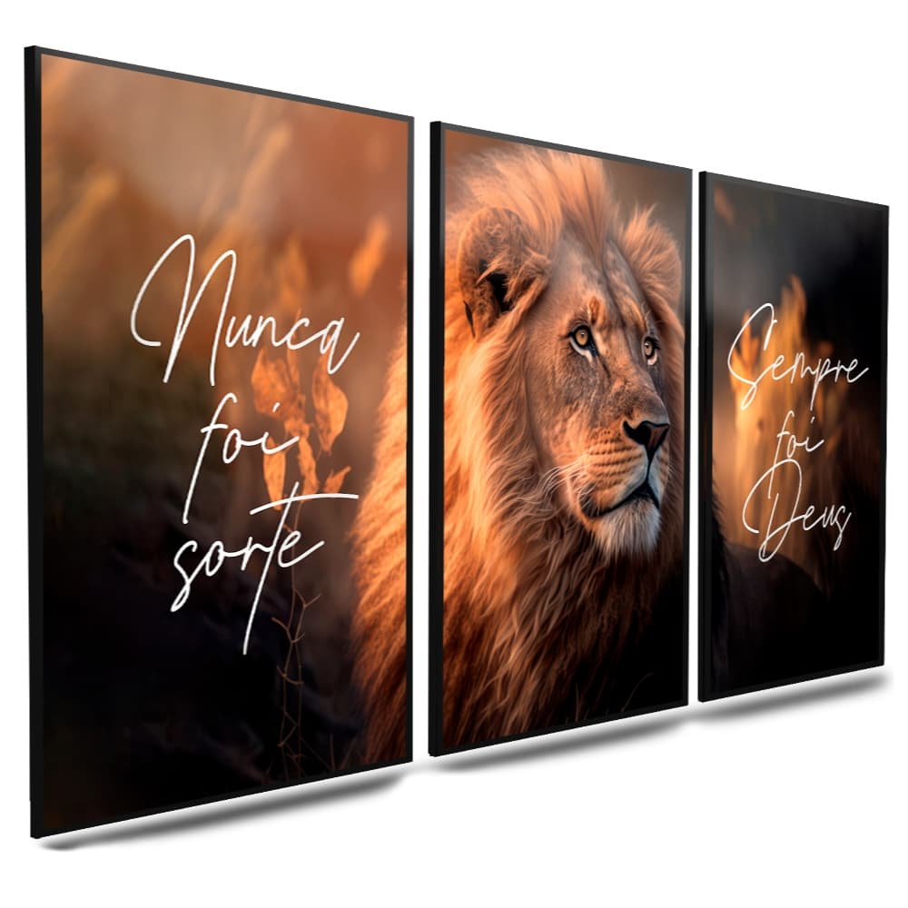 Quadros Decorativos Leão de Judá Frases Religioso 3 Peças Mosaico Sala Quarto Escritório