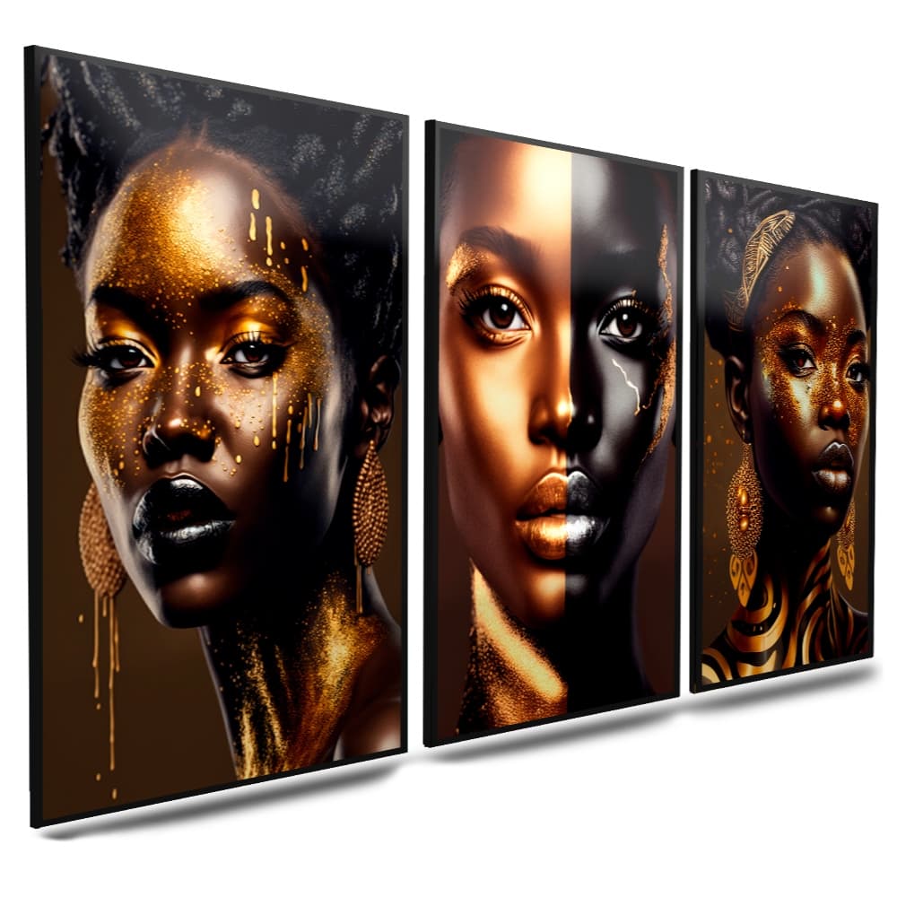 Quadros Decorativos Mulher Africana Dourado 3 Peças Mosaico Sala Quarto Escritório