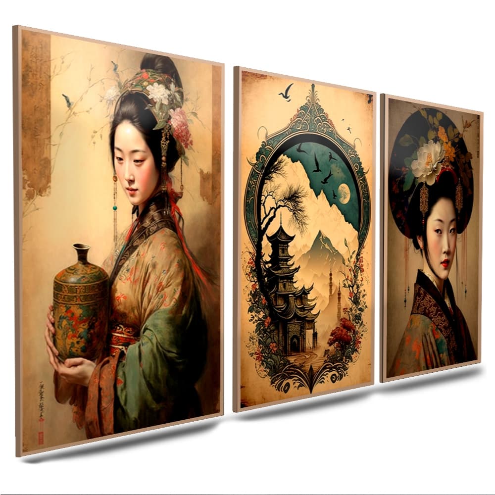 Quadros Decorativos Mulher Oriental 3 Peças Mosaico Sala Quarto Escritório