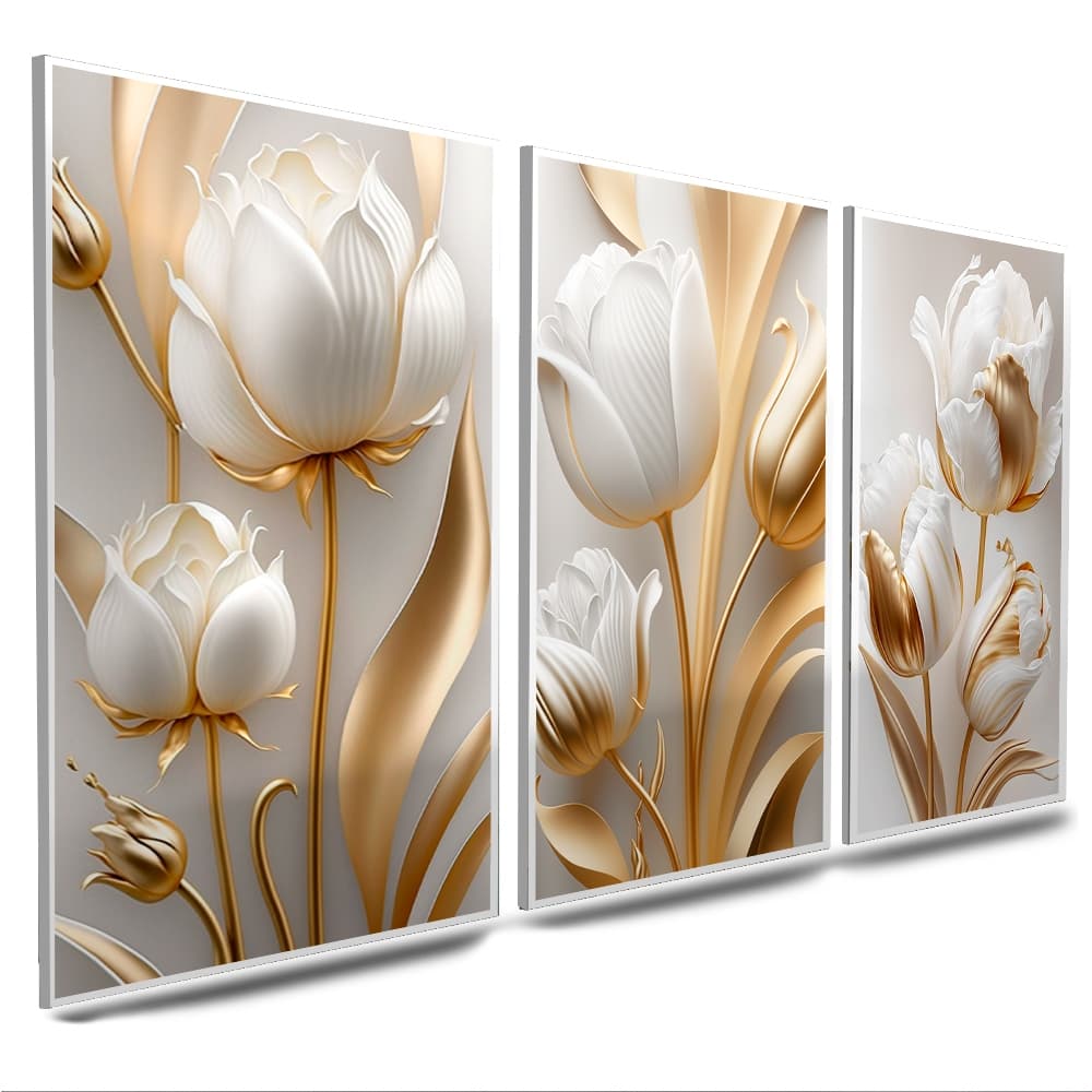 Quadros Decorativos Flor Tulipa Dourada e Branca 3 Peças Mosaico Sala Quarto Escritório