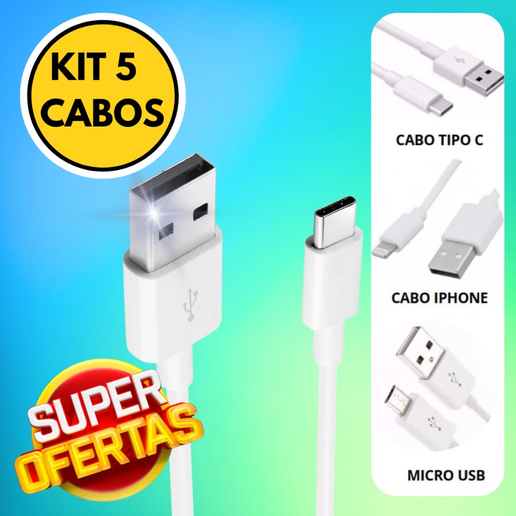 Kit 5 Cabos Carregador de Dados ou Tipo C, Iphone, Micro usb, Tipo C x2 Gohit para Revenda Brinde