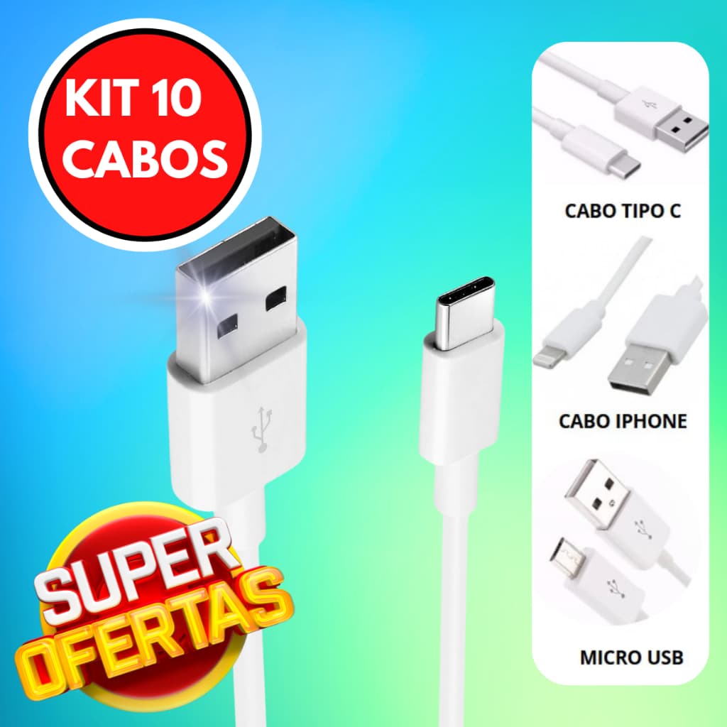 Kit 10 Cabos Carregador de Dados ou Tipo C, Iphone, Micro usb, Tipo C x2 Gohit para Revenda Brinde