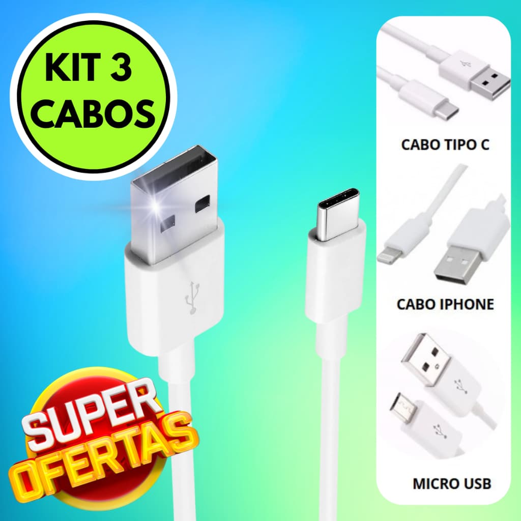 Kit 3 Cabos Carregador de Dados ou Tipo C, Iphone, Micro usb, Tipo C x2 Gohit para Revenda Brinde
