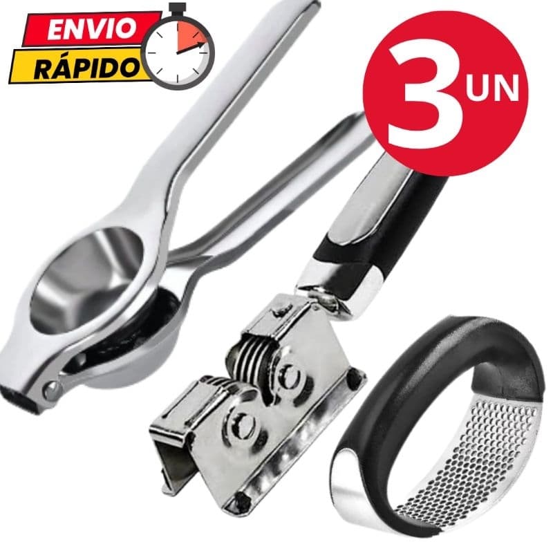 Kit 3 Utensílios Afiador Amolador de Faca Espremedor de Limão Amassador de Alho Para Casa Cozinha