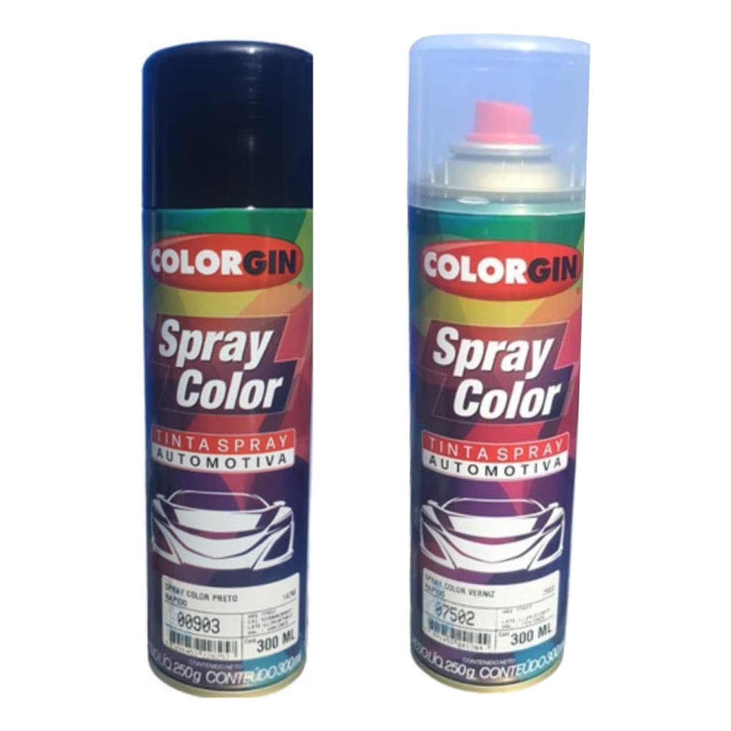 Tinta Spray Automotivo Colorgin Preto Brilhante 300ml + Spray Verniz Brilhante 300ml