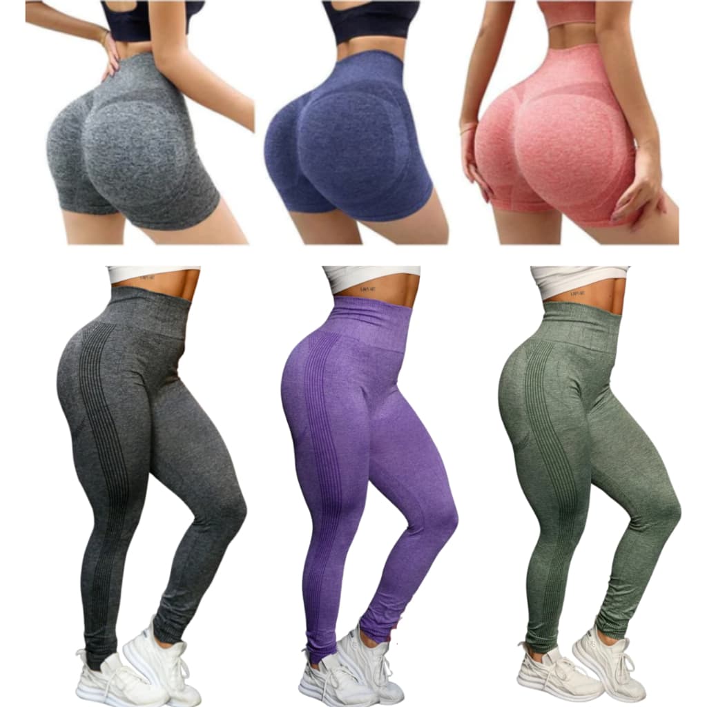 Kit 6 Legging 3 Calças Legging Levanta Bumbum Cintura Alta + 3 Shorts Legging Fitness Levanta Bumbum