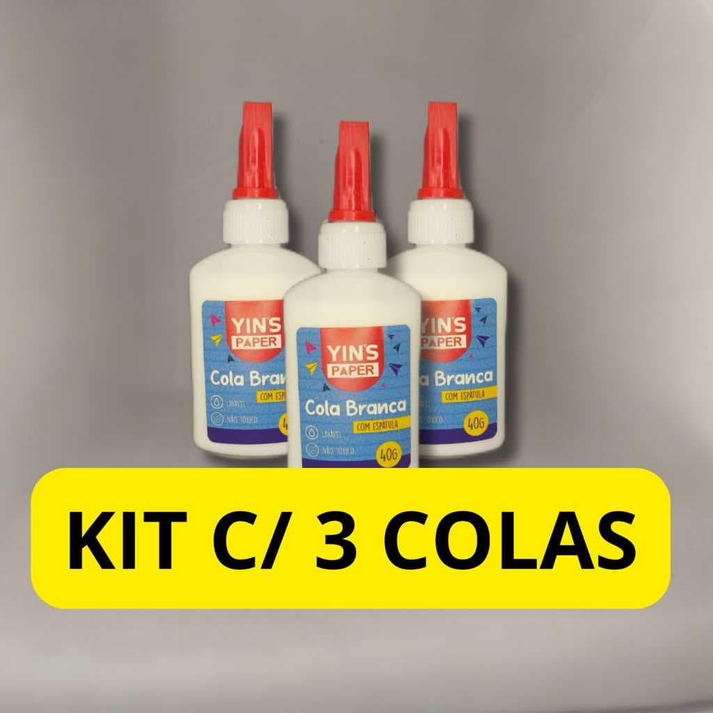 kit C/ 3 Cola Branca Líquida com Espátula Cola Papel, Madeira e Tecido Não Tóxico Lavável Composição Segura Yin's Paper