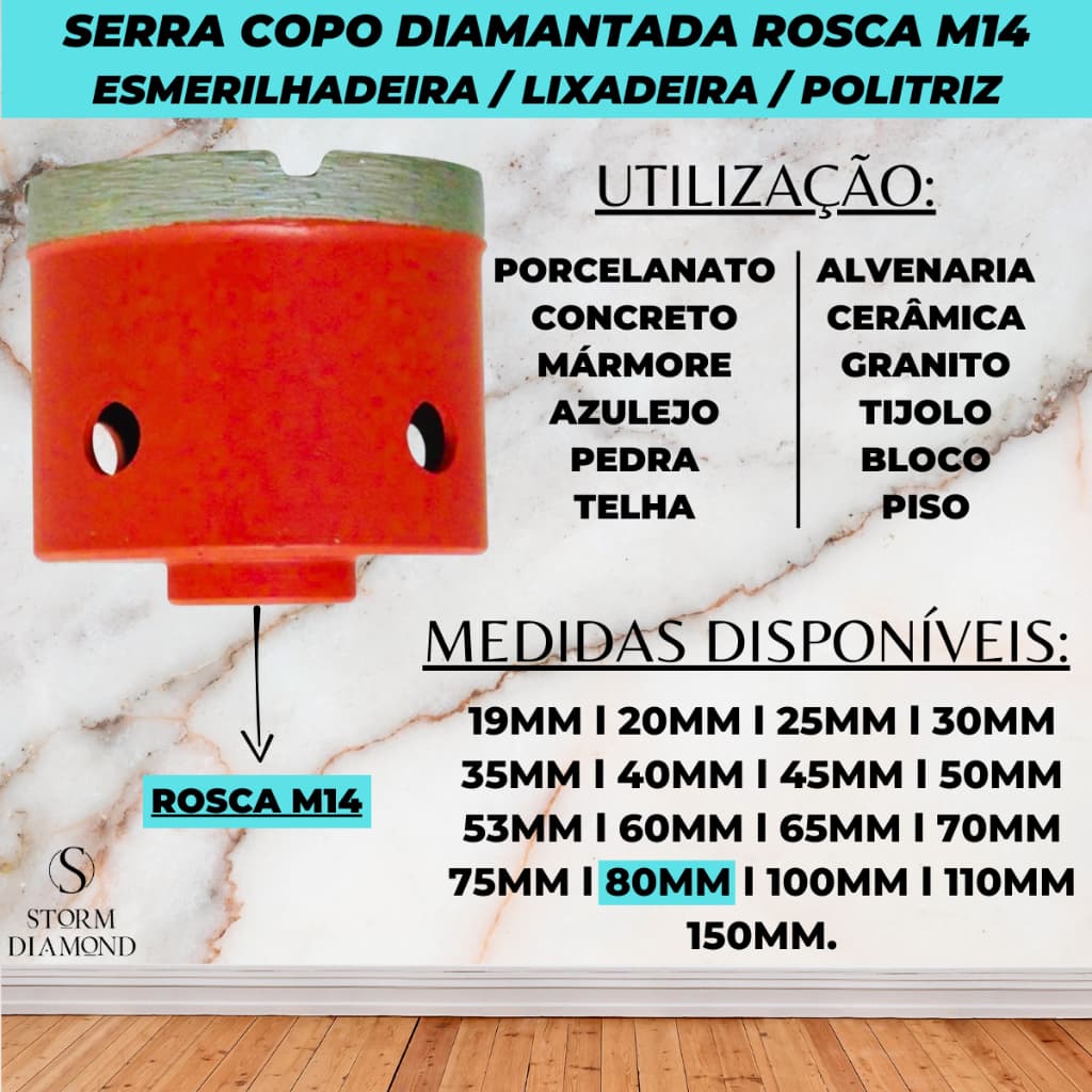 Broca Diamantada 80mm Rosca M14 Esmerilhadeira Lixadeira Furar Concreto Mármore Porcelanato Granito