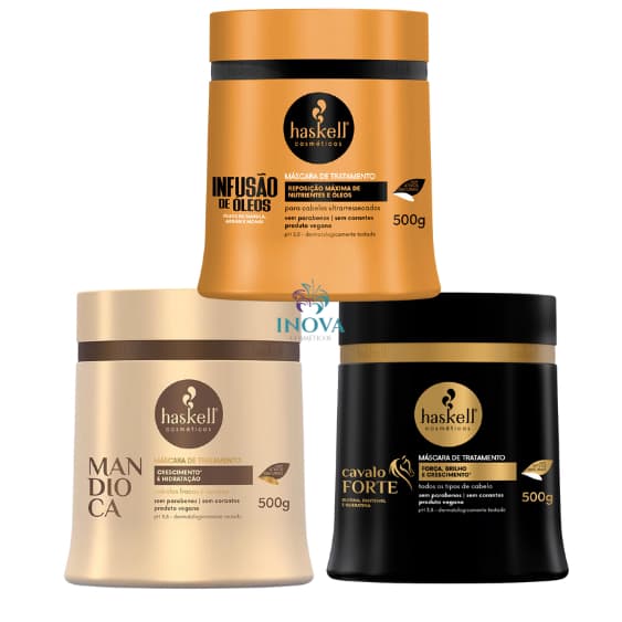kit Máscara Haskell Infusão de óleos, Cavalo Forte e Mandioca 500g