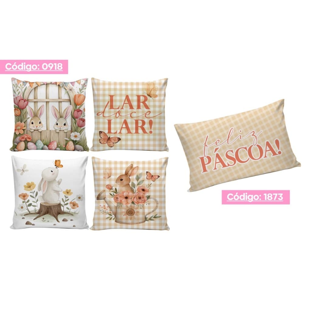 Kit 4 Capas de Almofadas Decorativas 45x45cm +Almofada Baguete Retangular Decoração Ovo de Páscoa
