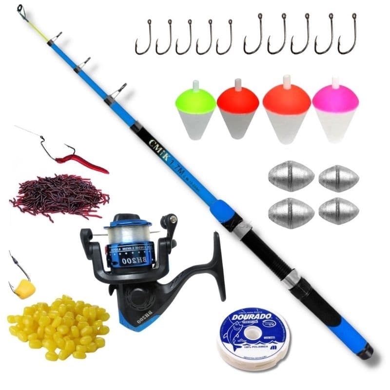 Kit pescaria completo vara retrátil molinete com linha 10 anzol, 04 chumbada, 02 isca, 04 boias.(01)