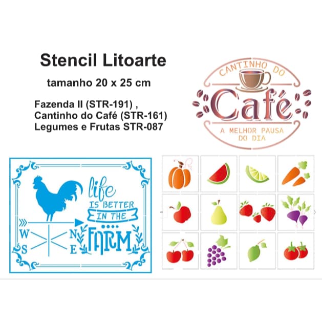 Stencil para pintura Fazenda II (STR-191) ou Cantinho do Café (STR-161) ou Legumes e Frutas STR-087 Litoarte