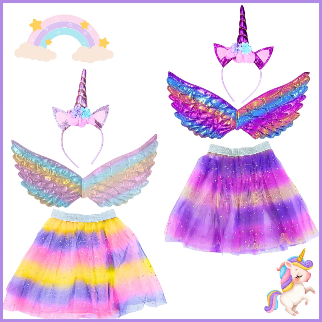 Fantasia Unicórnio Infantil menina saia + asas+ Tiara Tule Barato festa aniversario