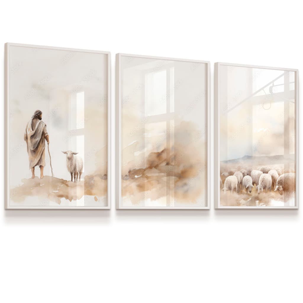 Kit 3 Quadros Decorativos Jesus Pastor Ovelhas Religião Fé 43x63 cada Sala Quarto